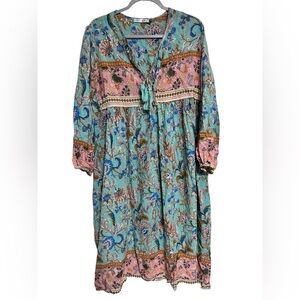 Boho Floral Midi Dress in Teal and Pink